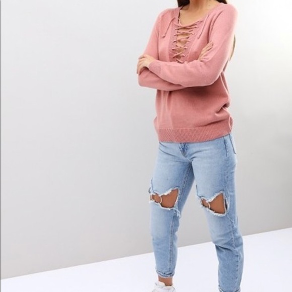 Sweaters - Pink Lace Up Sweater